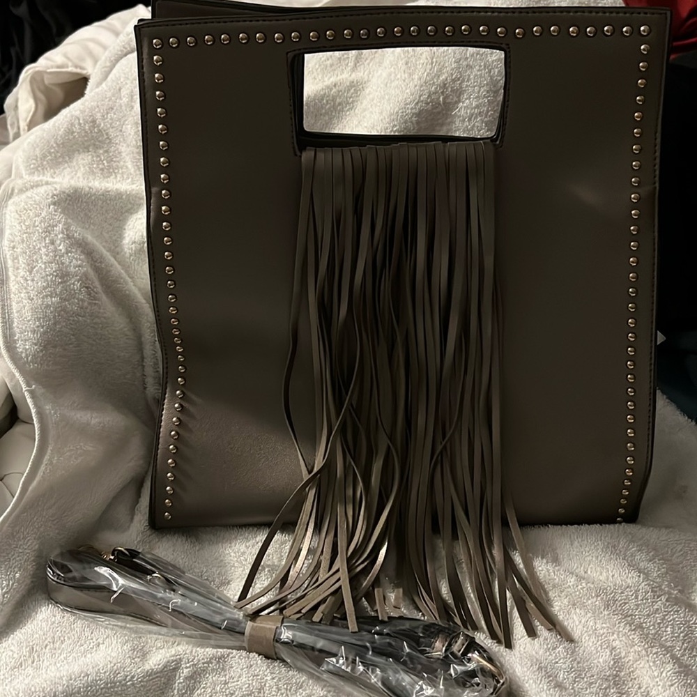 GREY WITH ADORABLE BRONZE EMBELLISHMENT PERFECTLY MATCHED LEATHER FRINGE FLAIR